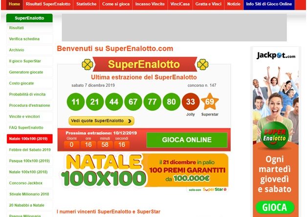 Jackpot Superenalotto lotteria per giocare e vincere milioni di euro.